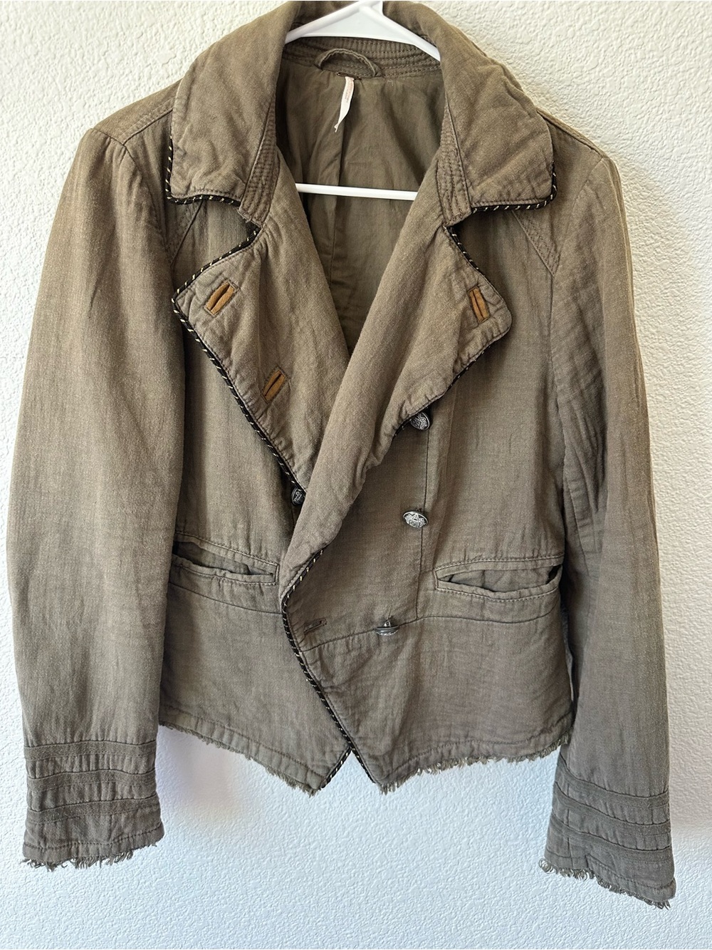 Free People Military Boho Jacket Linen Blend Raw Hem Distressed Olive Brown M
